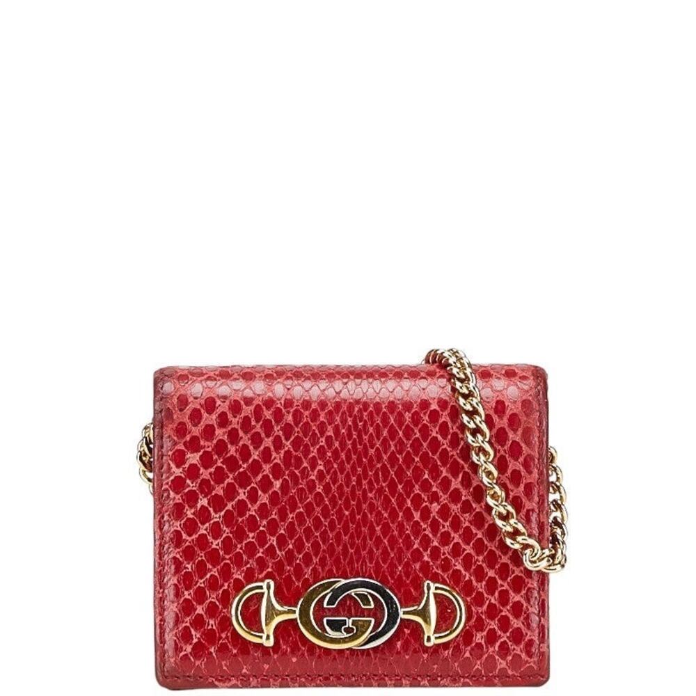 Gucci Leather Zumi Bifold Mini Chain Wallet Python Red